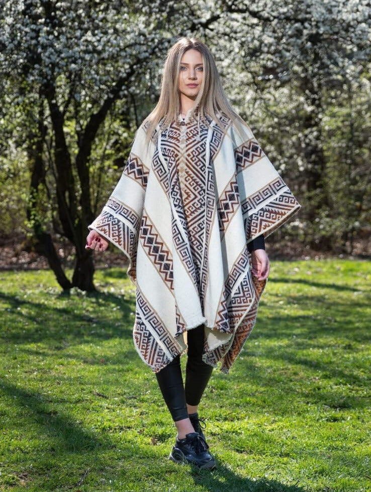 Andean Style Wool Poncho with Geometric Patterns