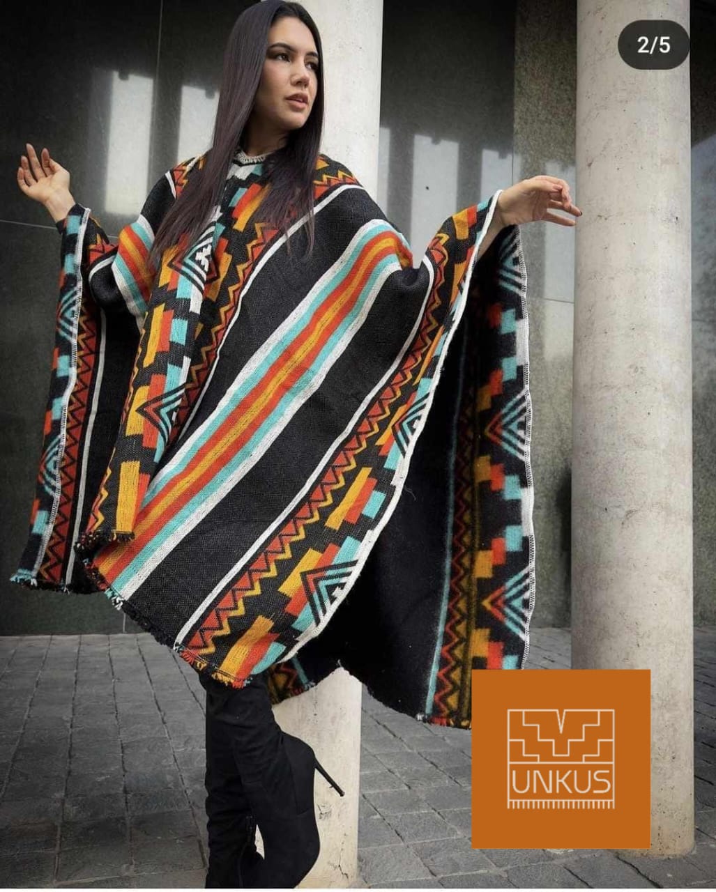 Andean Ethnic Poncho with Multicolor Tribal Patterns