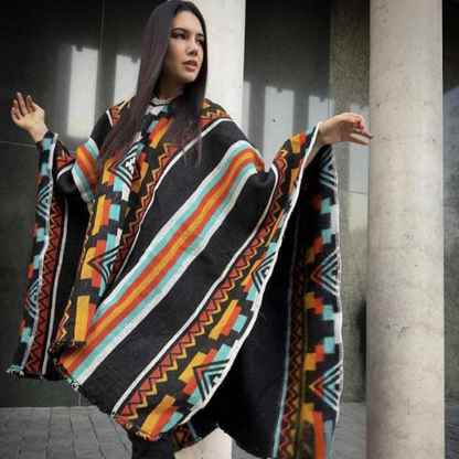 Andean Ethnic Poncho with Multicolor Tribal Patterns