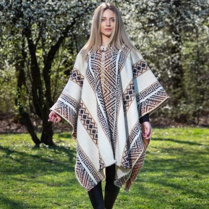 Andean Style Wool Poncho with Geometric Patterns